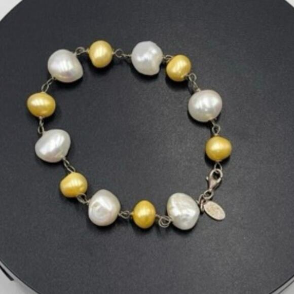 Deidda Firenze Italy Yellow White Baroque Pearl Bracelet Sterling Silver 8.25 - Picture 6 of 10